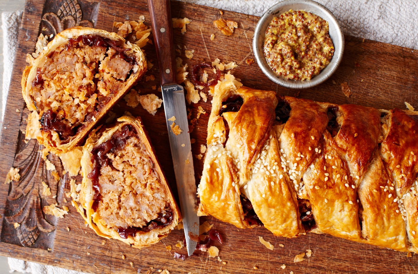 Sausage plait with caramelised onions recipe