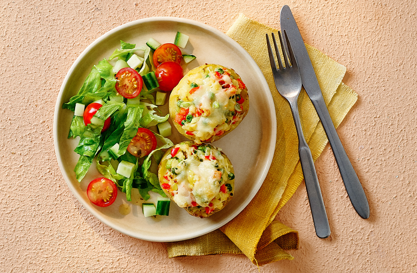 Veggie stuffed jacket potato skins recipe