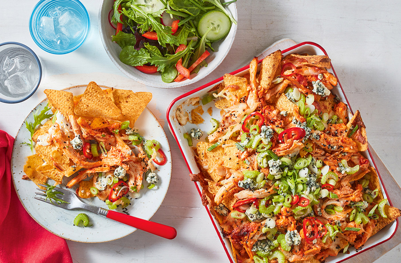 Buffalo-inspired chicken nachos recipe