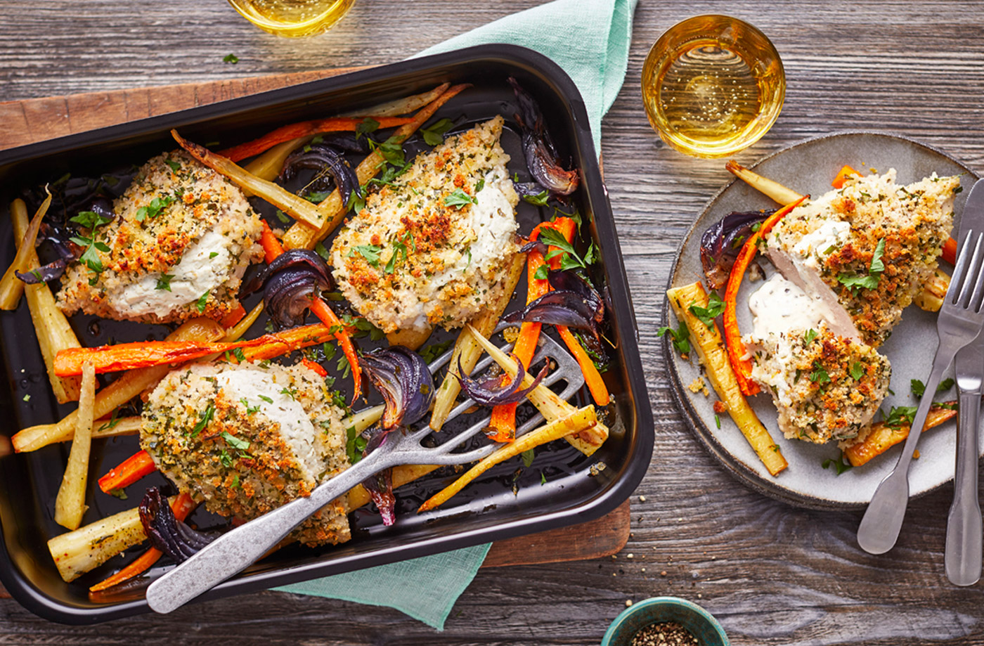 Cheat's chicken Kiev traybake recipe