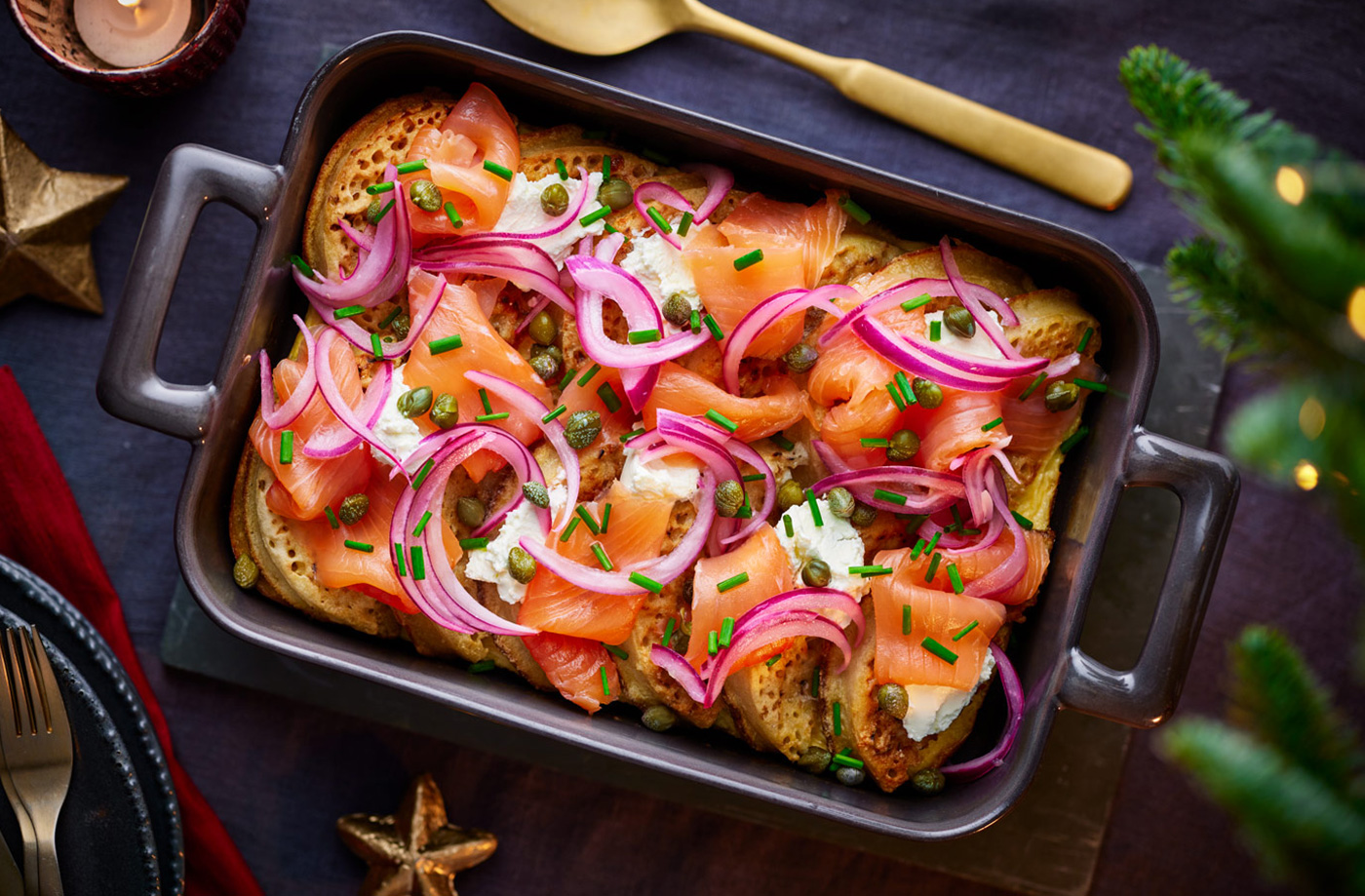 Smoked salmon and crumpet bread and butter pudding recipe
