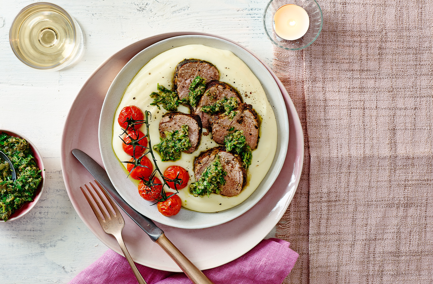 Aligot with roast pork and tarragon salsa verde recipe