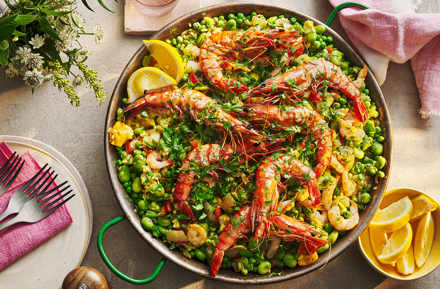BBQ prawn, pea and lemon paella recipe