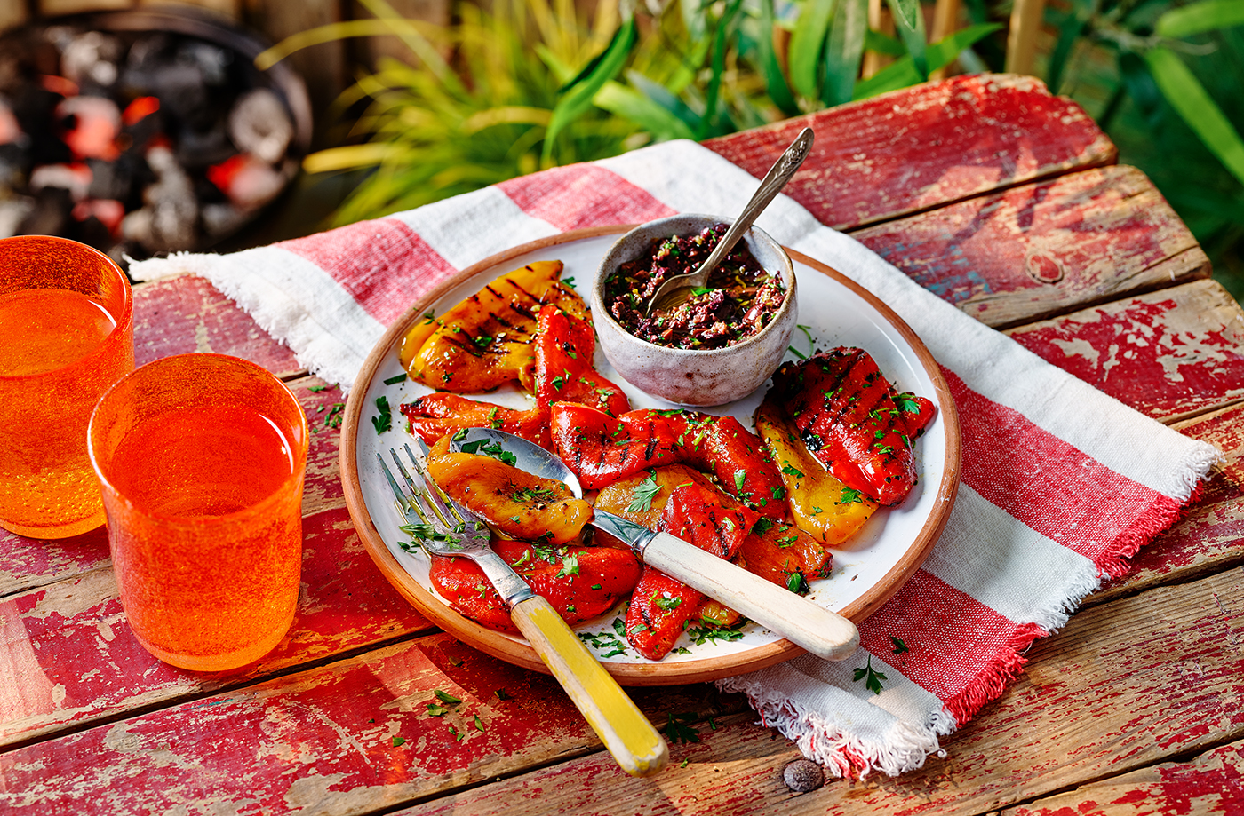 Barbecue peppers with olive dressing recipe