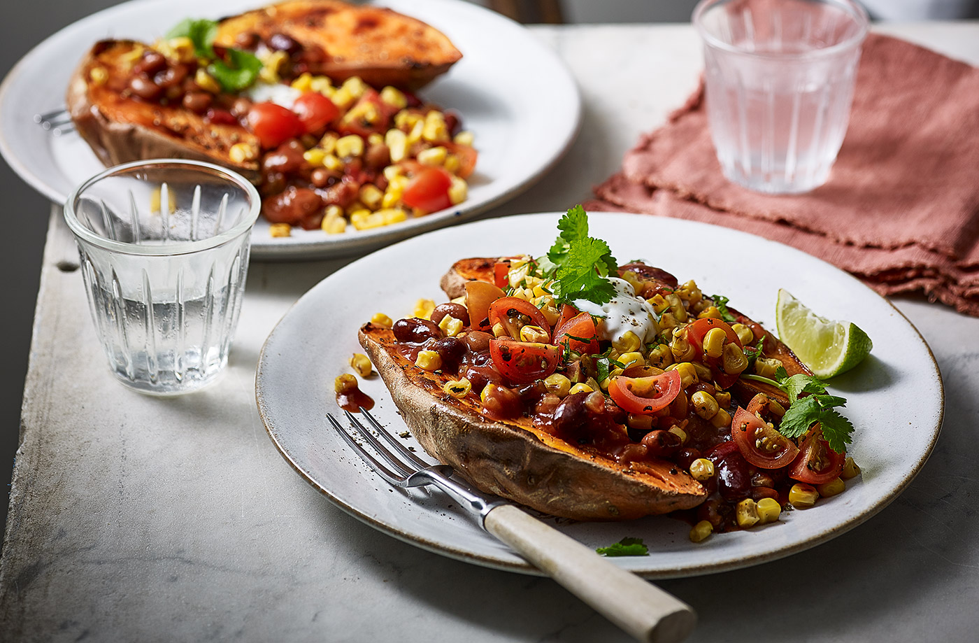 Baked sweet potatoes with fajita beans recipe