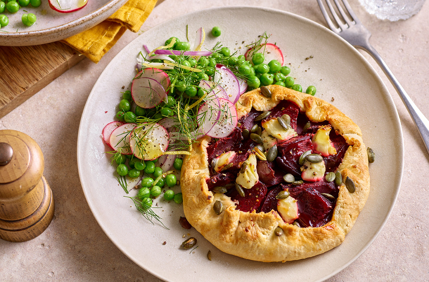 Beetroot galettes with pea and radish salad recipe