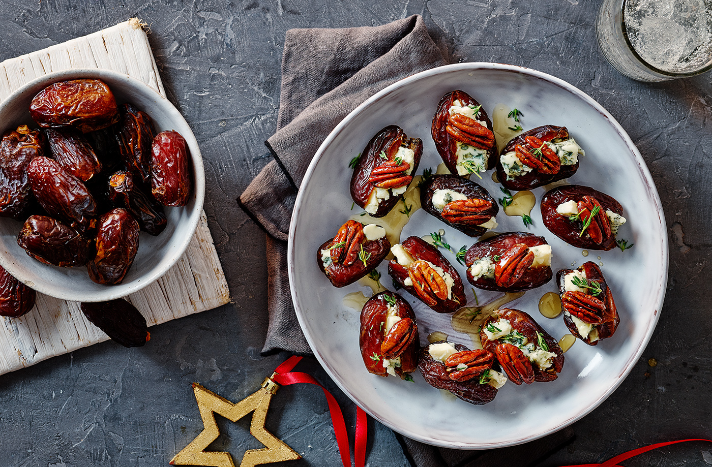 Blue cheese stuffed dates with maple pecans recipe
