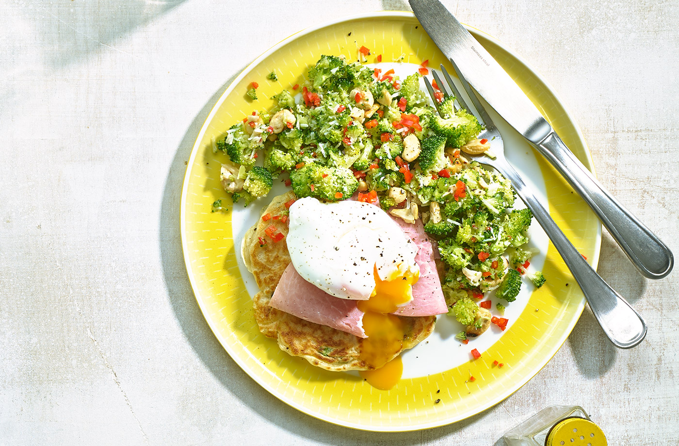 Broccoli fritters with ham, egg and broccoli chilli slaw recipe
