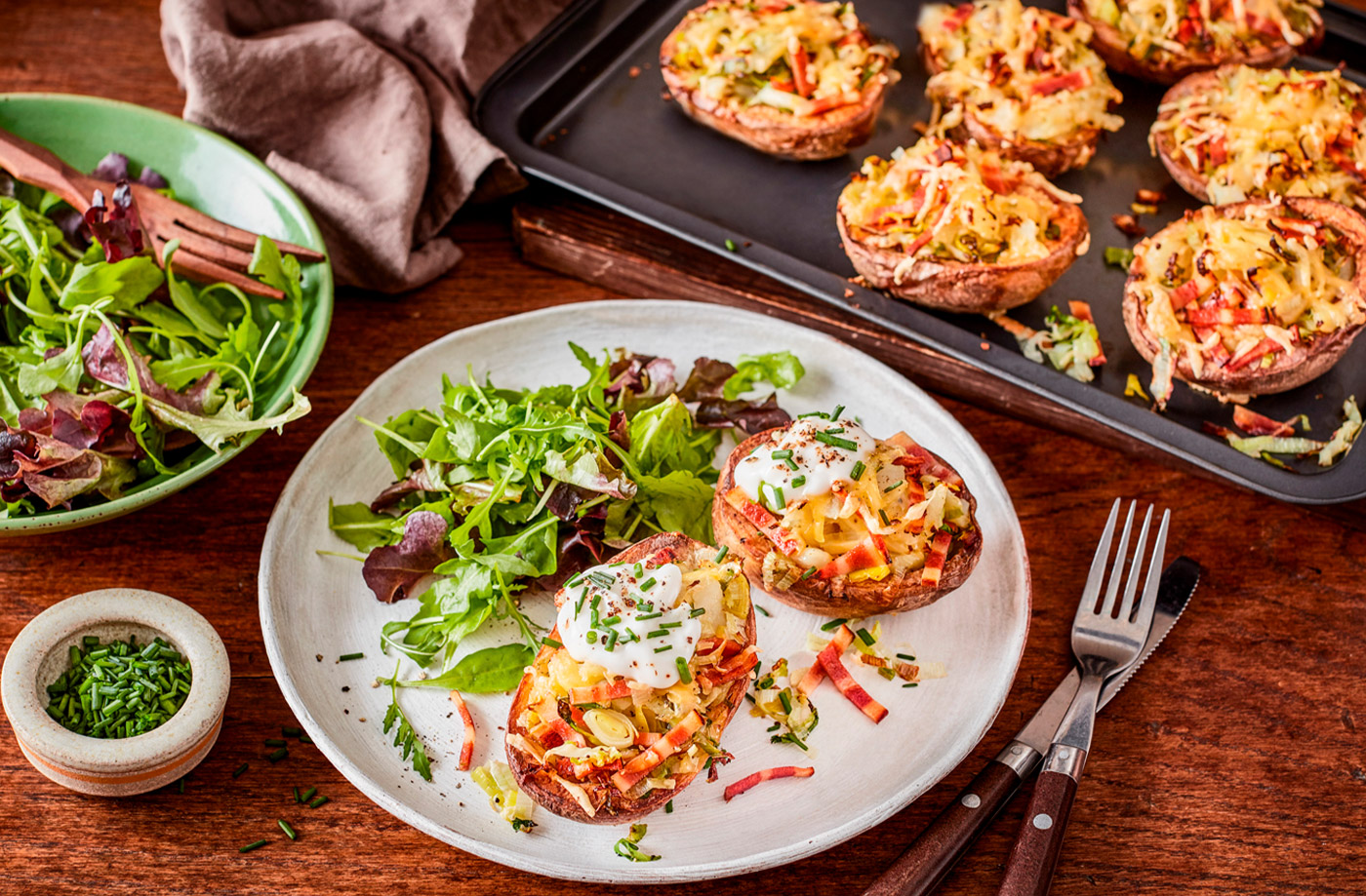 Bubble 'n' squeak loaded potato skins recipe