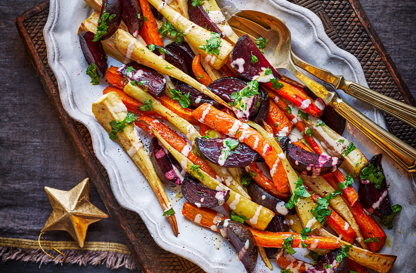 Root veg with tahini-lemon drizzle recipe