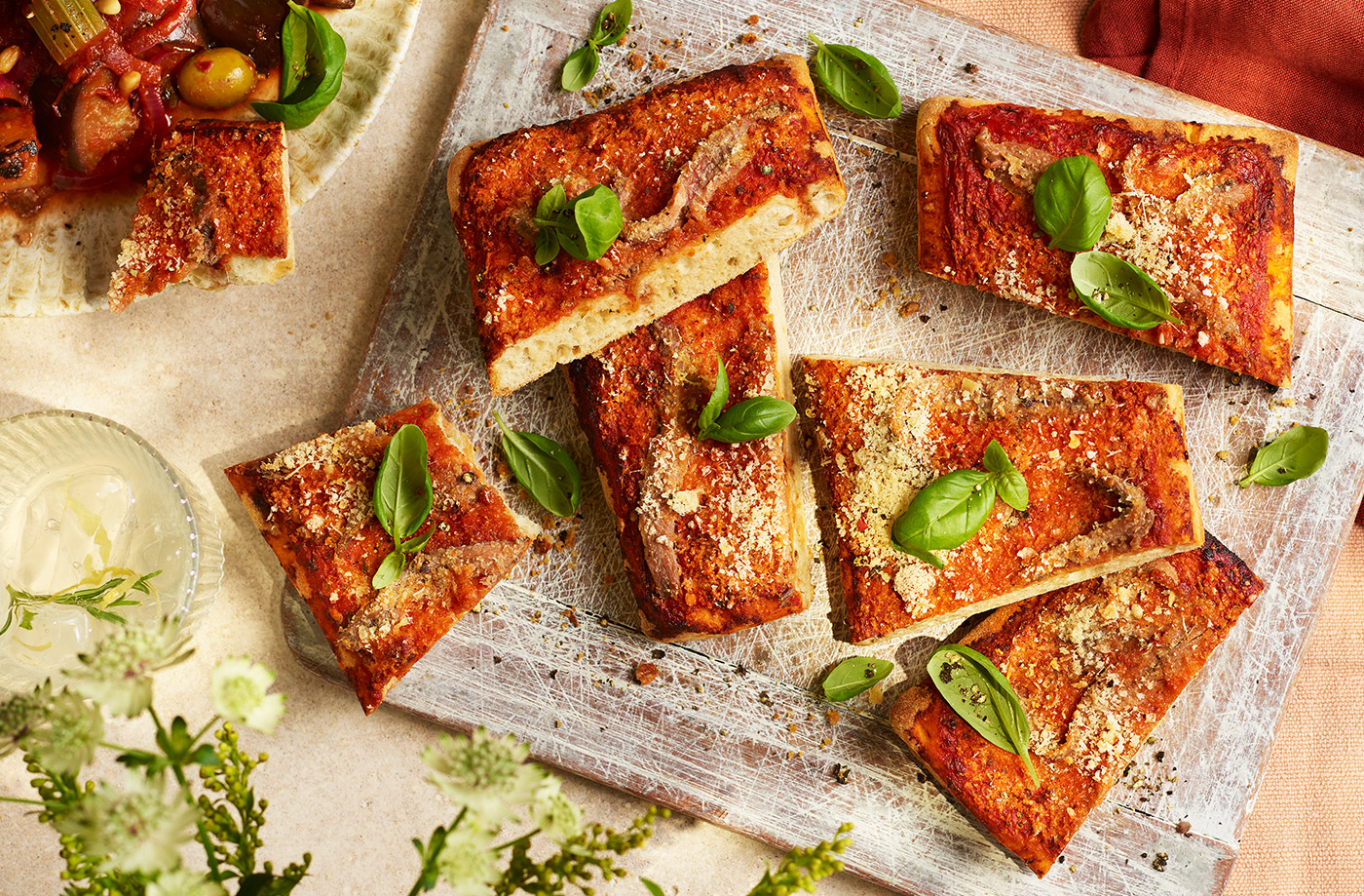 Cheat's sfincione focaccia pizza recipe