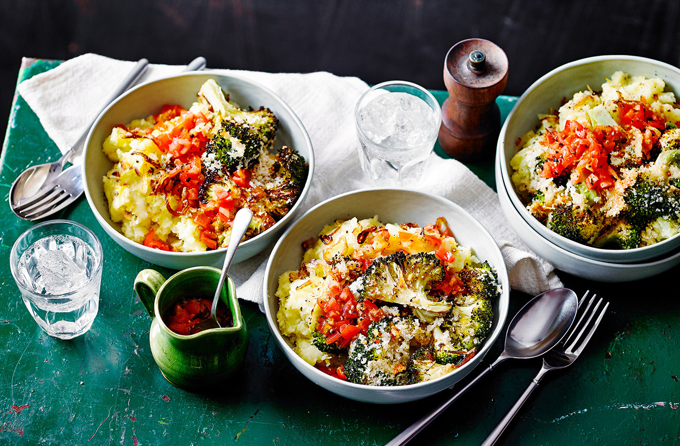 Cheesy roasted broccoli with lemony mash recipe