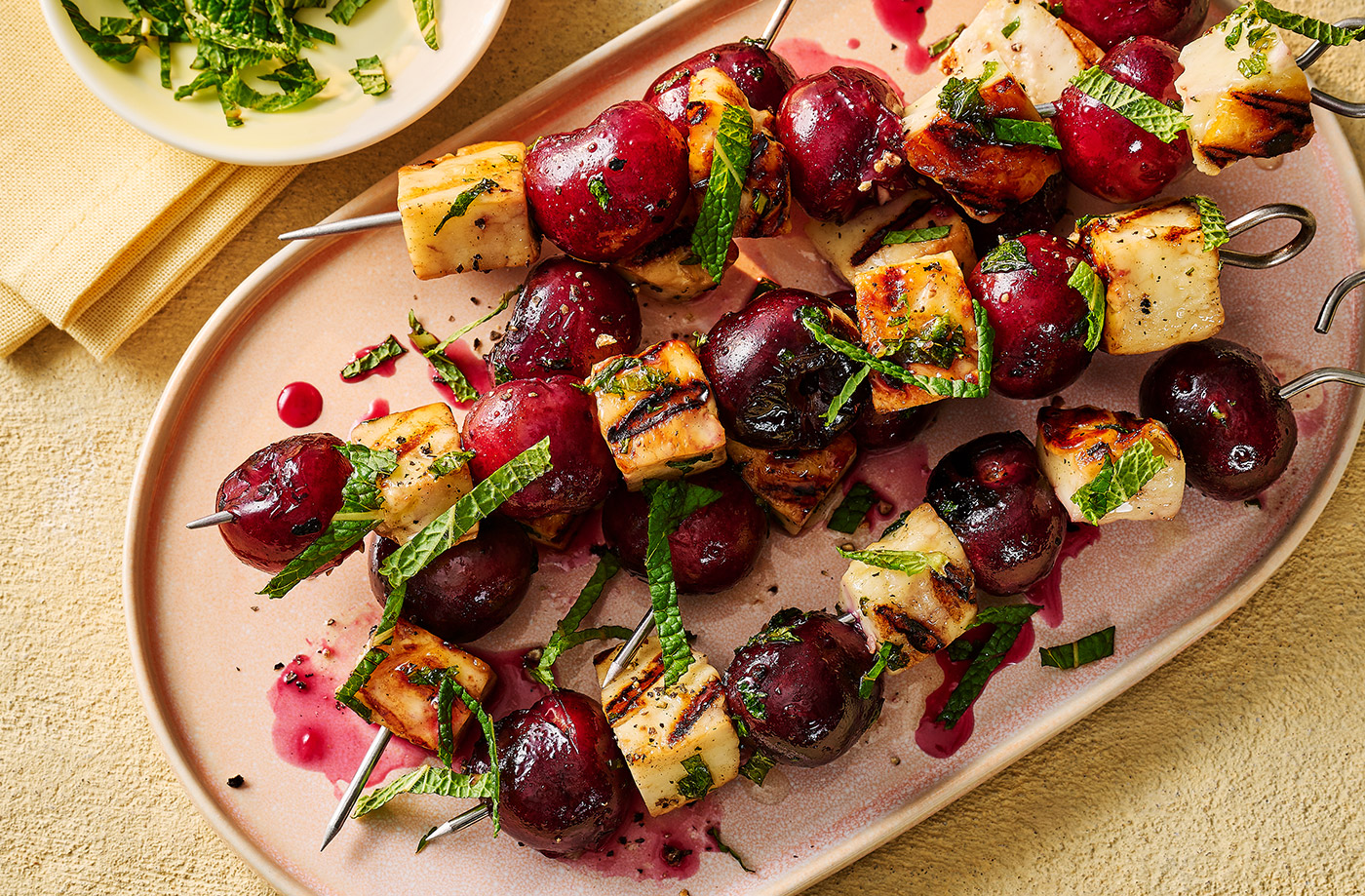 Cherry and hot honey halloumi skewers recipe