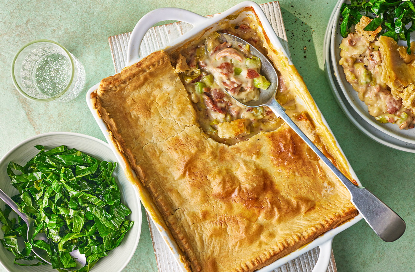 Chicken, leek and bacon pot pie with garlicky greens recipe