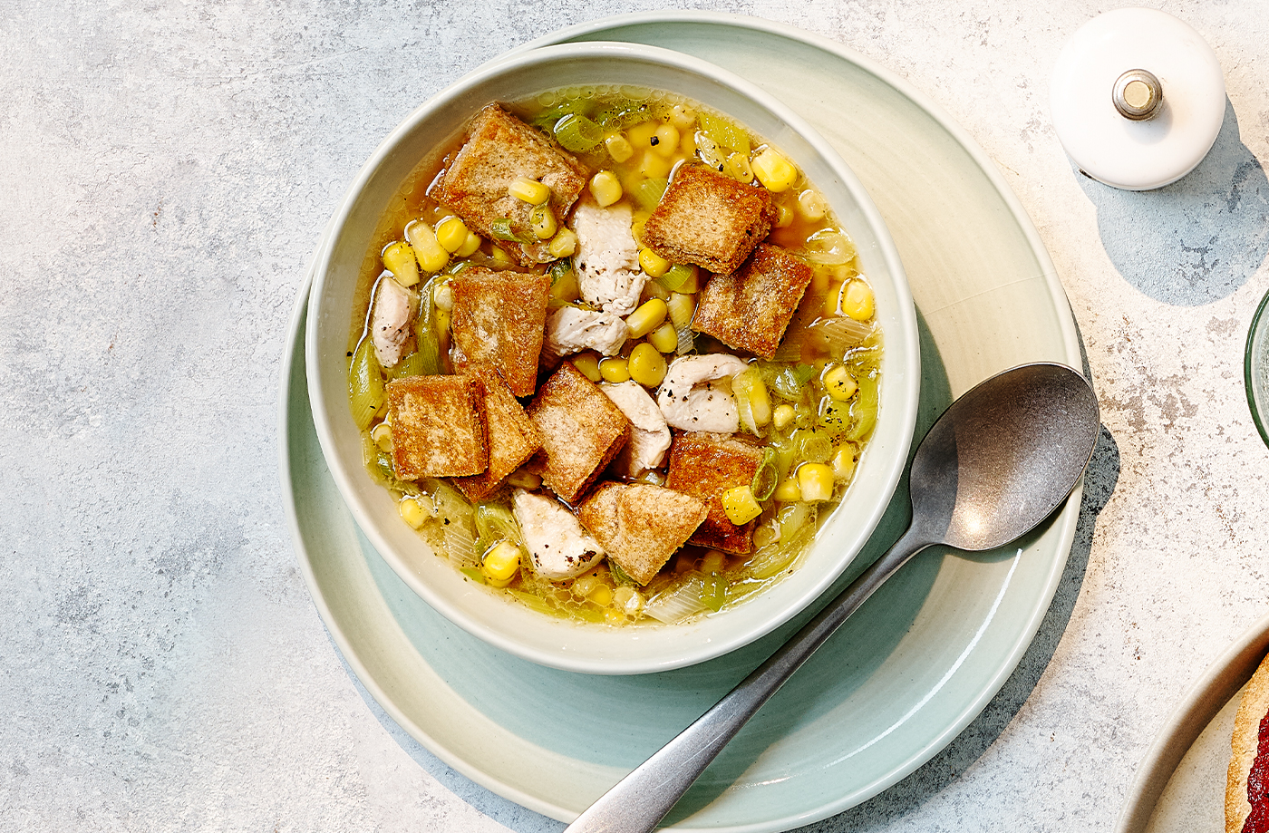 Chicken and sweetcorn soup with pitta croutons recipe
