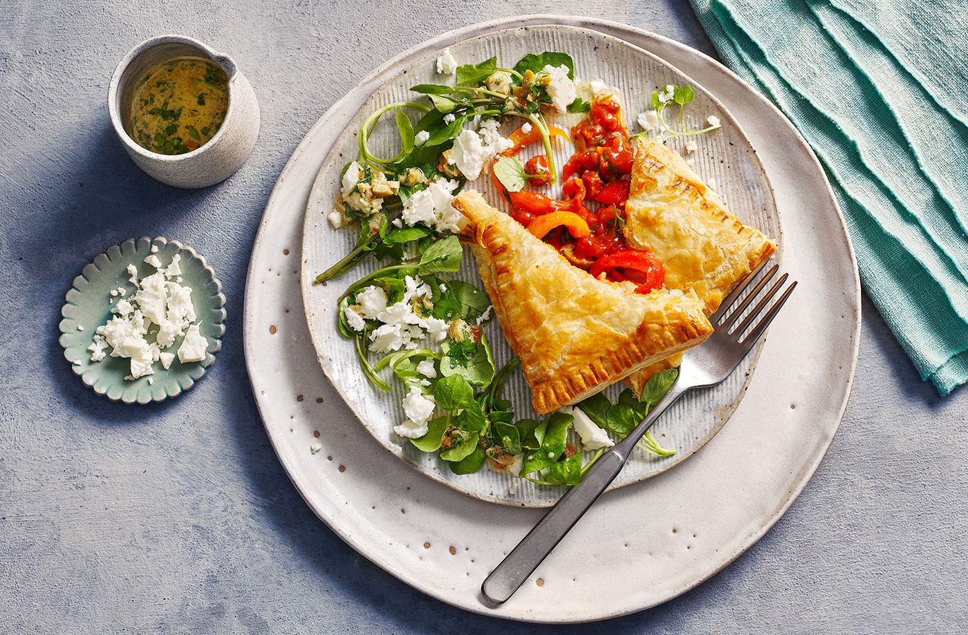 Chorizo parcels with feta and olive salad recipe