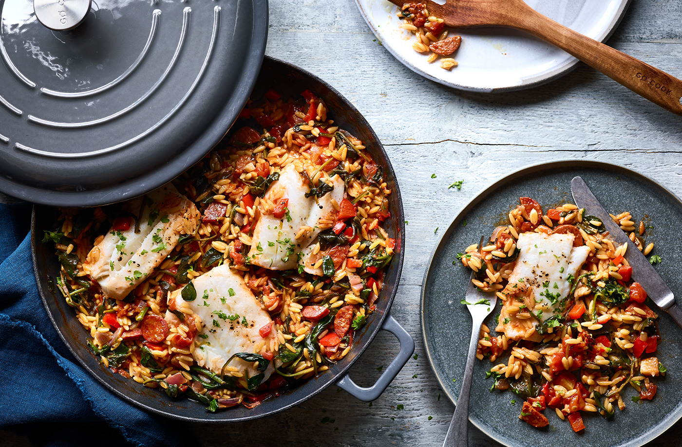 Baked chorizo orzo with white fish recipe