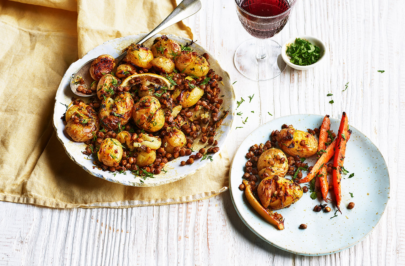 Crispy smashed potatoes and lentils recipe