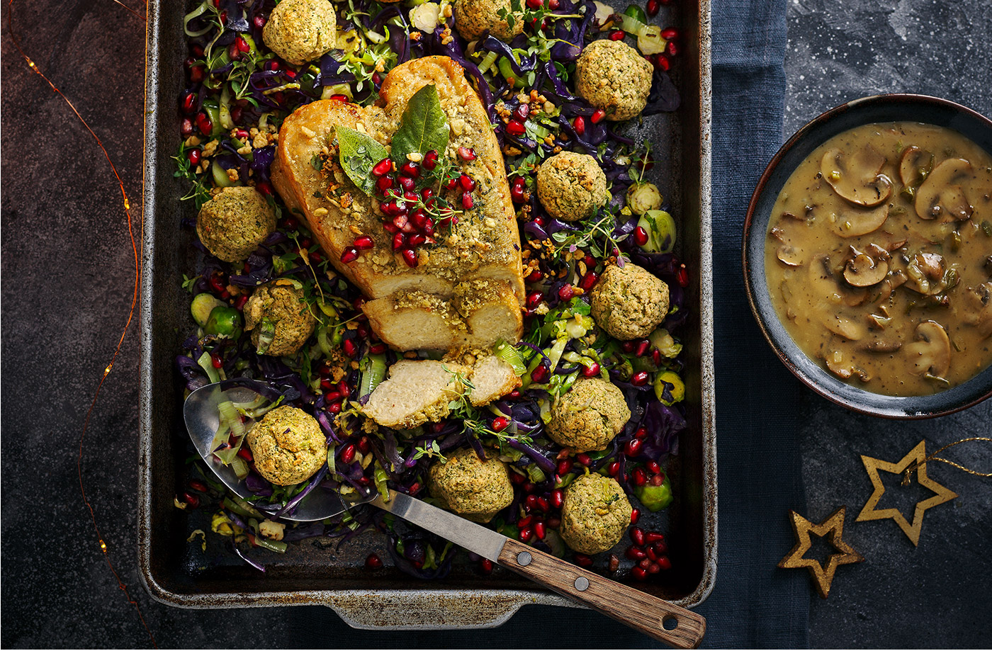 No-turkey roast crown with stuffing and mushroom gravy recipe