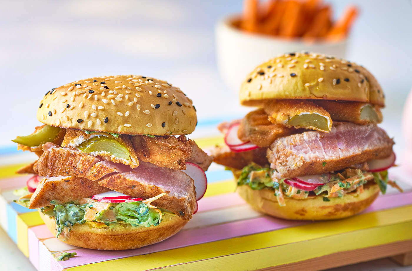 Fatti's tuna burgers with fried pickles recipe