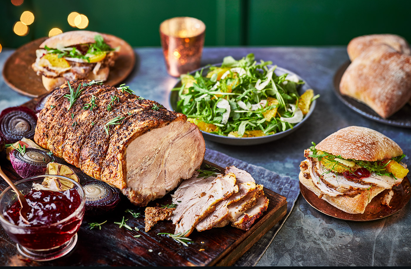 Roast pork with fennel, orange and rocket salad recipe