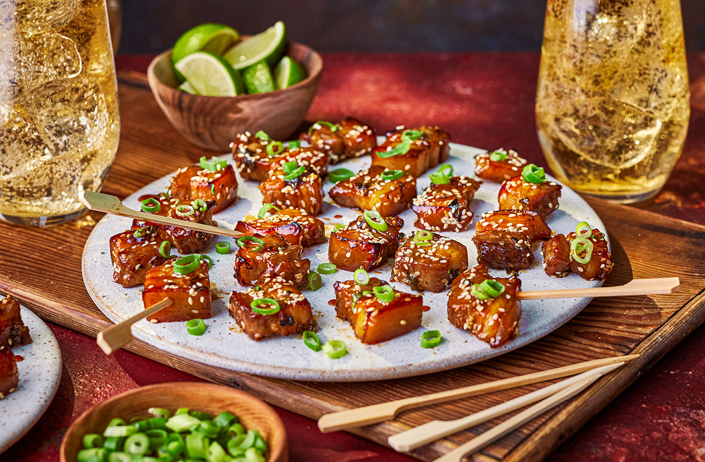 Glazed pork belly bites recipe