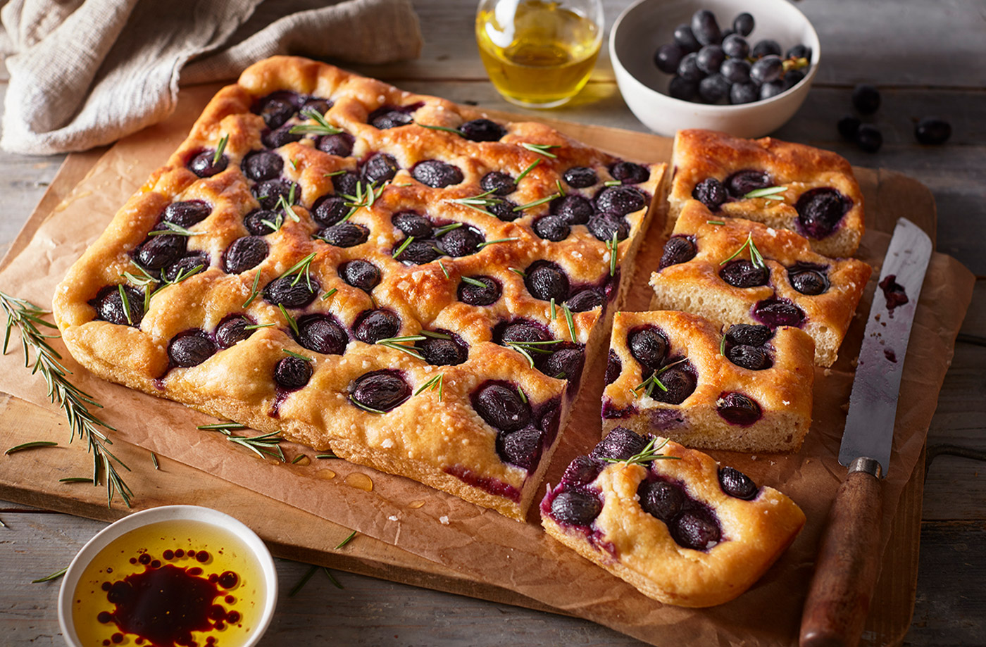 Grape focaccia with olive oil and rosemary recipe