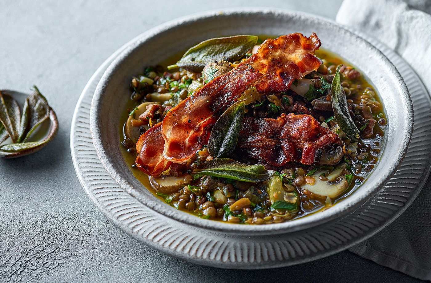 Green lentil stew with bacon and sage recipe