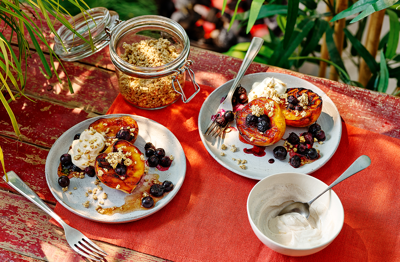 Griddled peach and blueberry parcels recipe