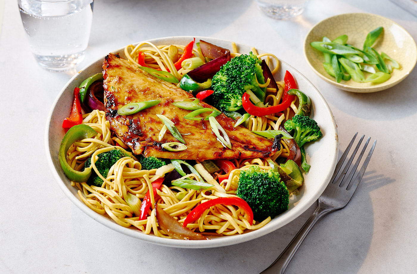 Grilled teriyaki fish with veg and noodles recipe