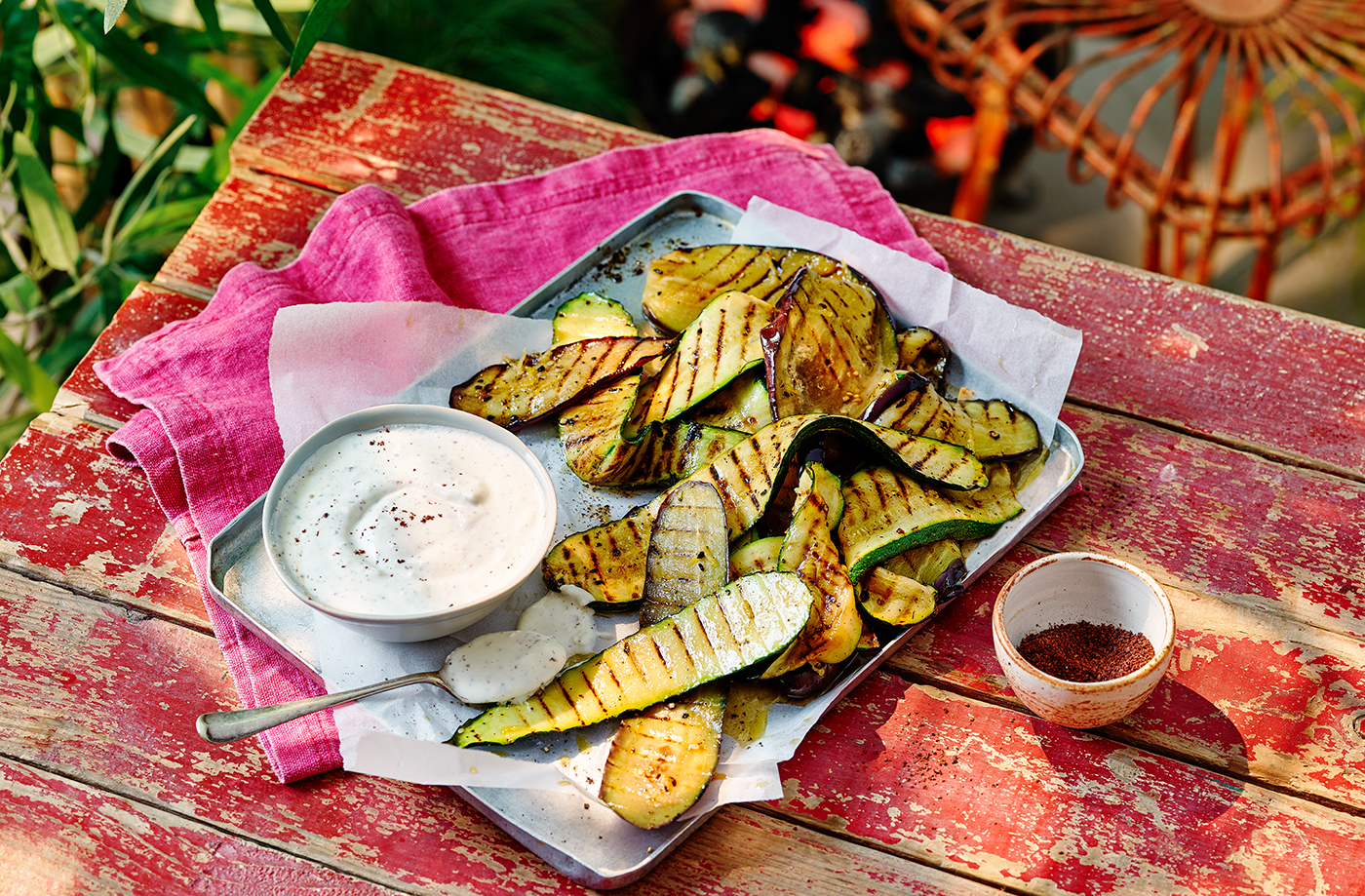Grilled courgette and aubergine with whipped feta recipe