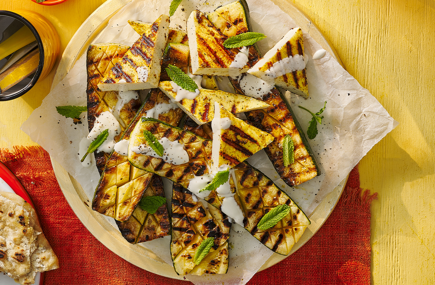 Grilled spiced paneer with charred courgettes recipe