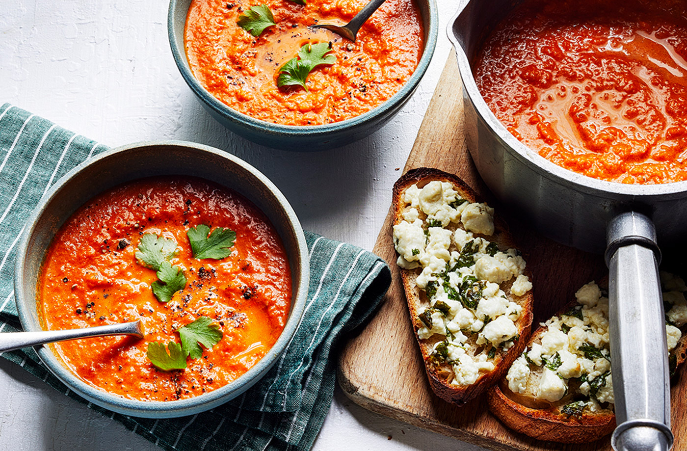 Harissa tomato soup with feta toasts recipe