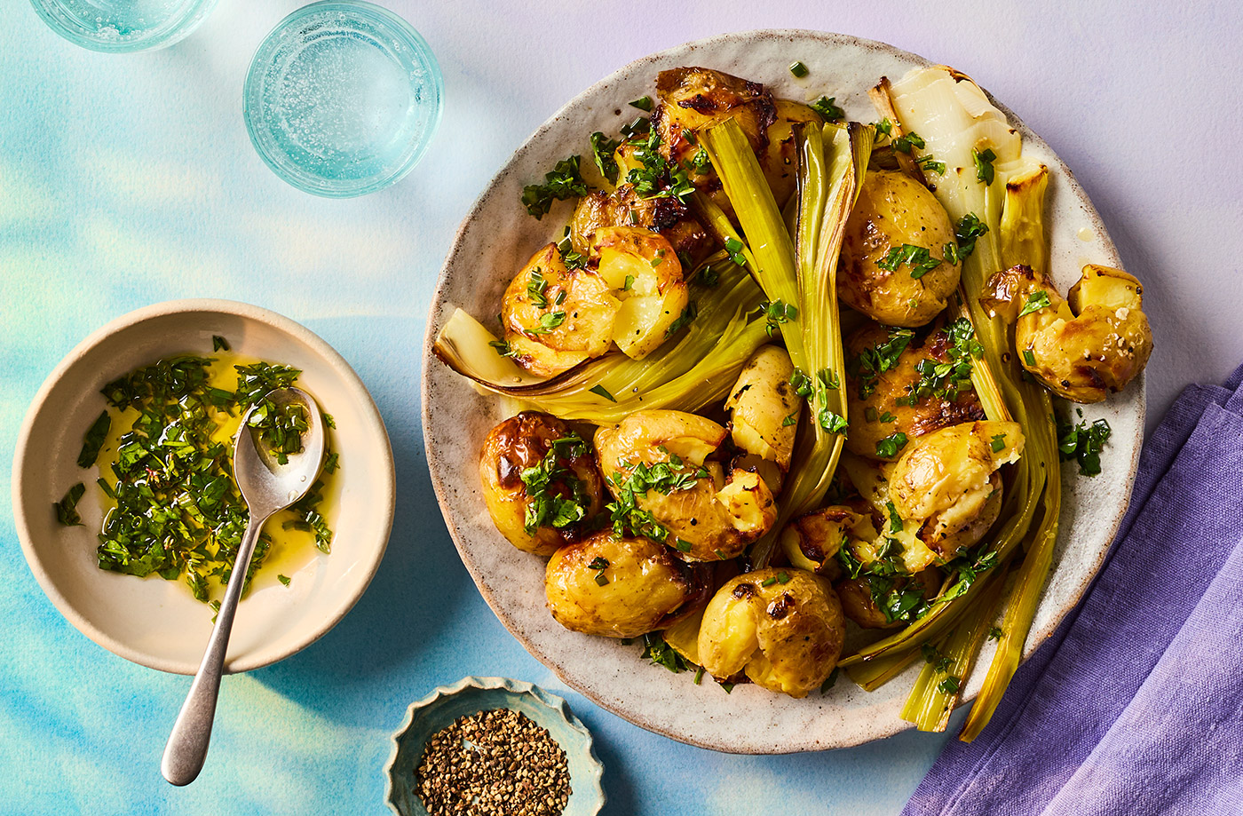 Herby crushed potatoes with leeks recipe