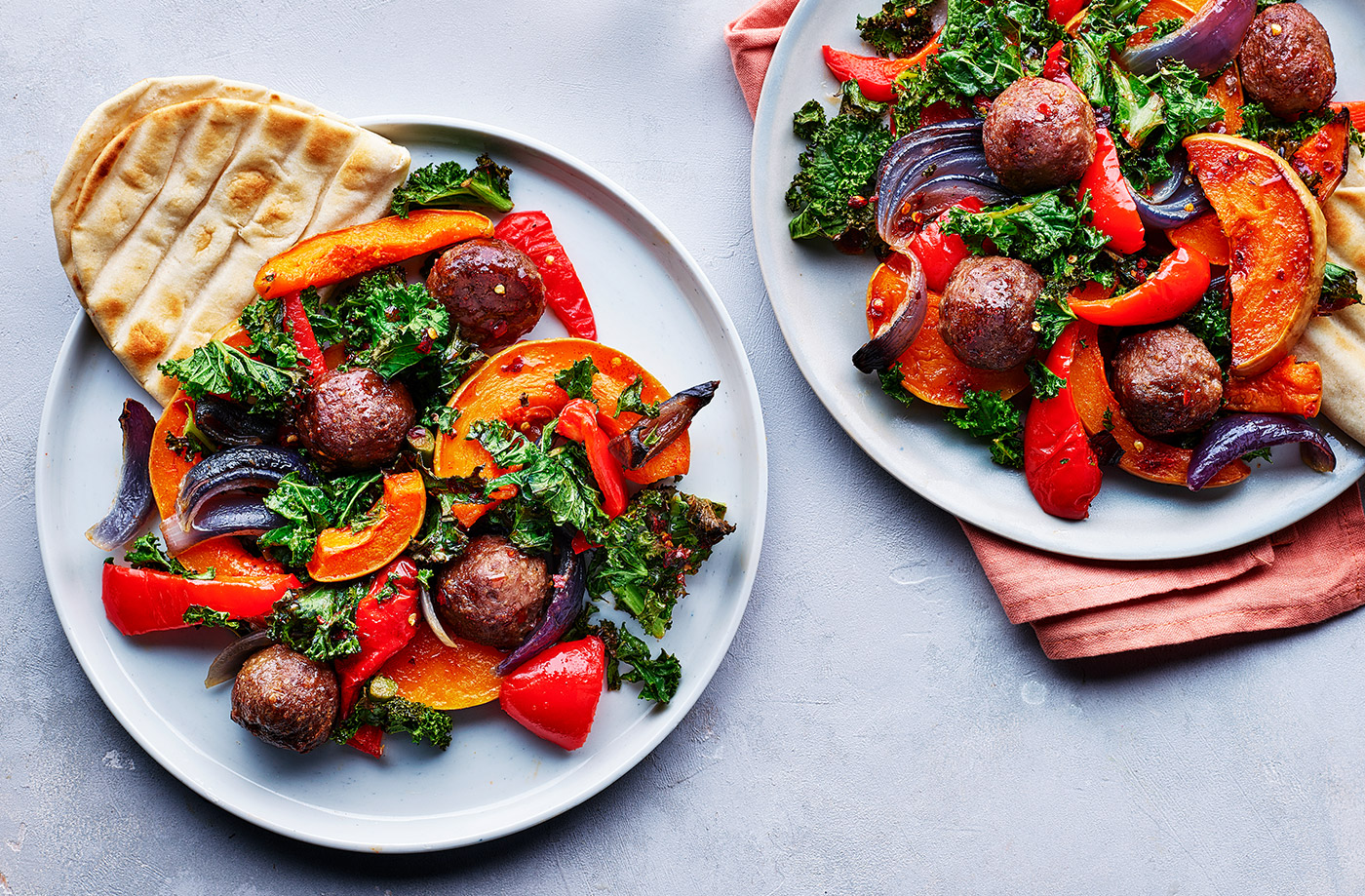 Hot honey squash and meatball traybake recipe
