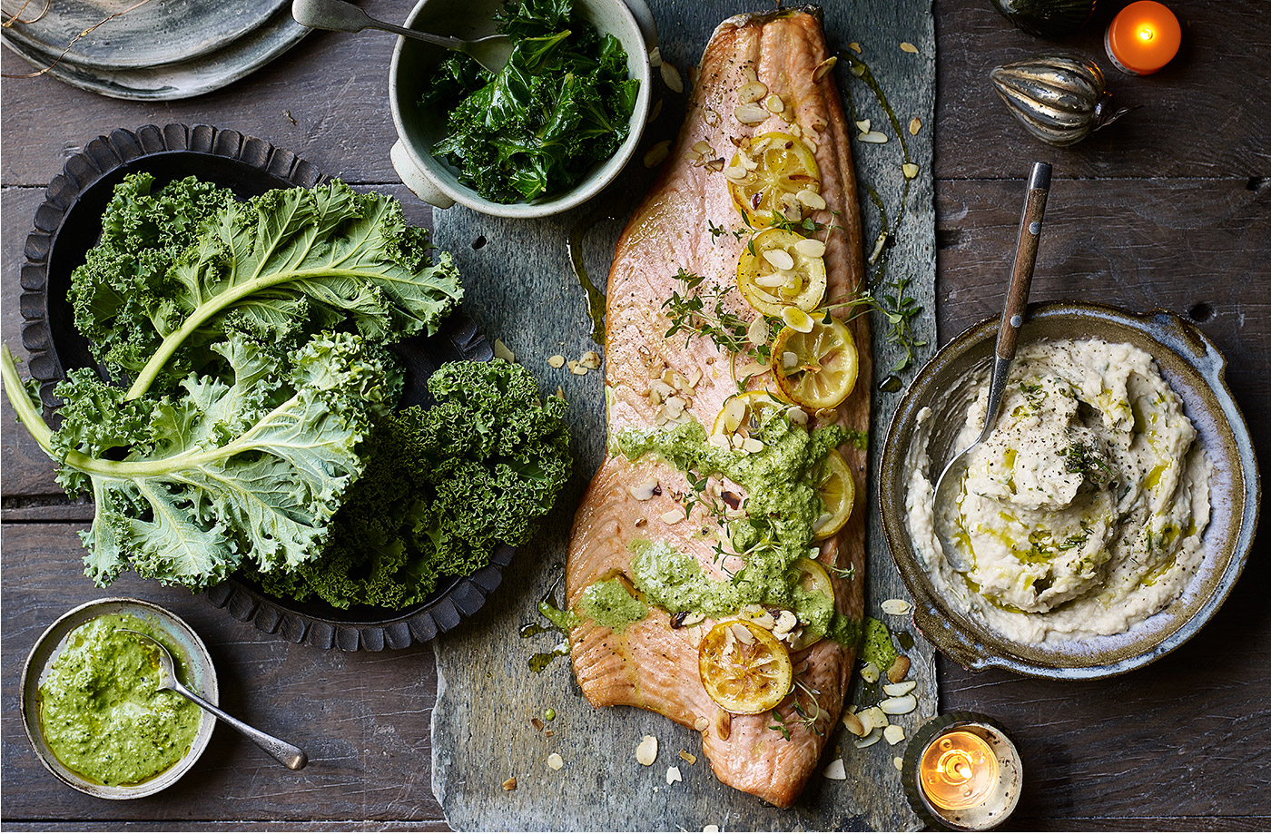 Kale and almond pesto with white bean mash recipe