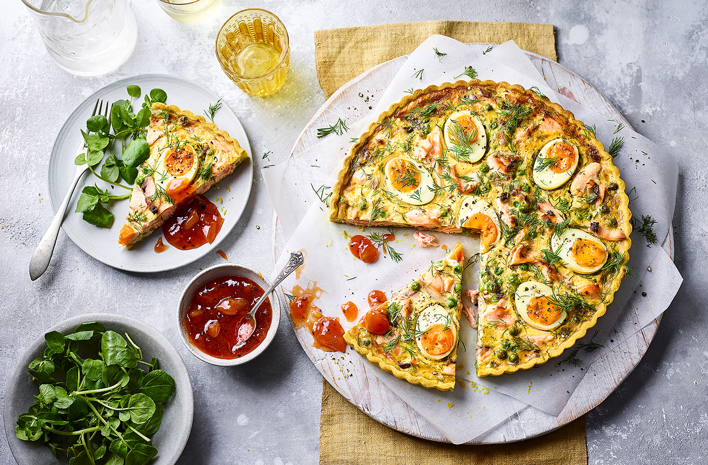 Kedgeree-style salmon tart recipe