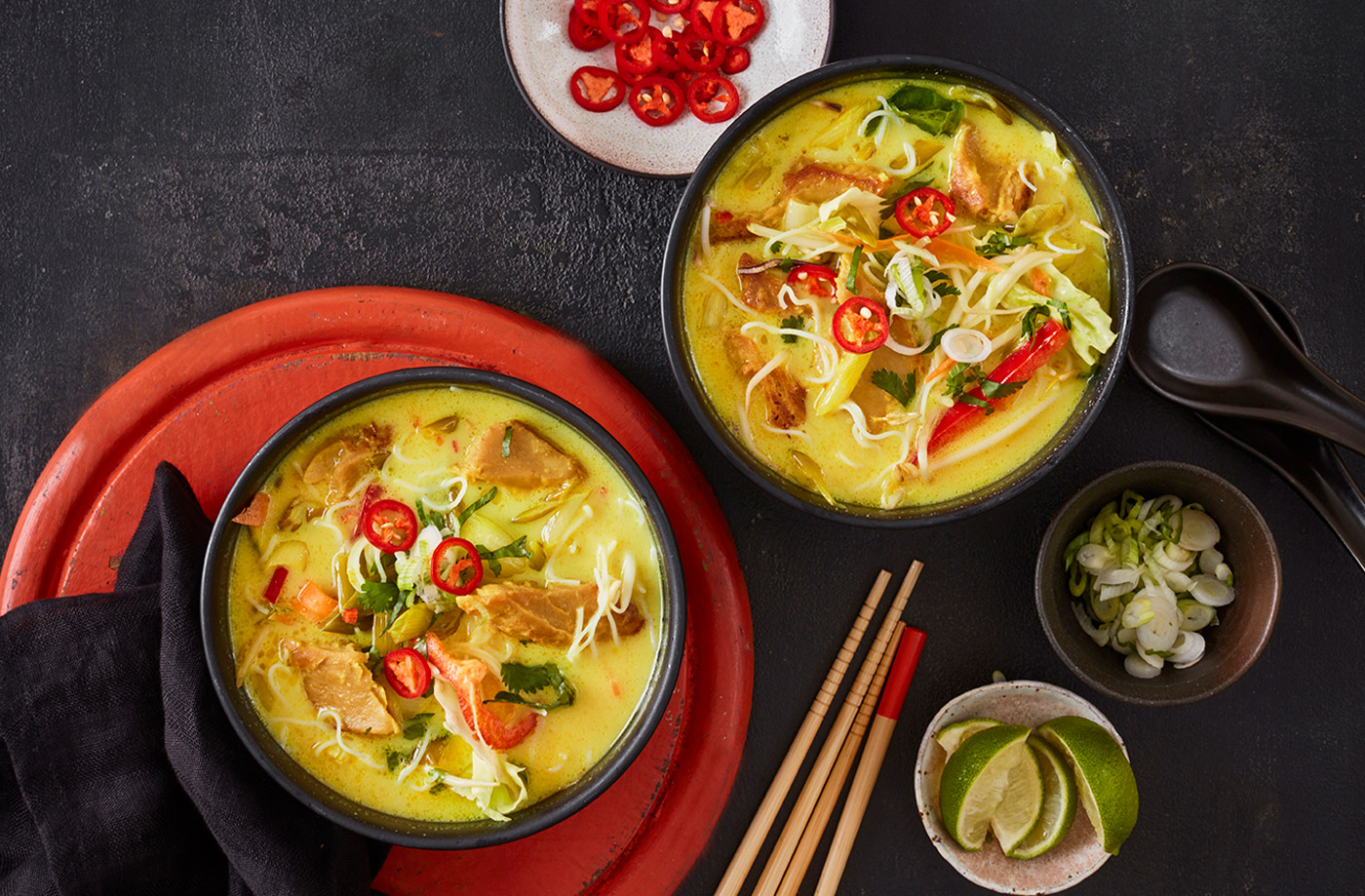 Laksa-inspired vegan 'chicken' noodle soup recipe