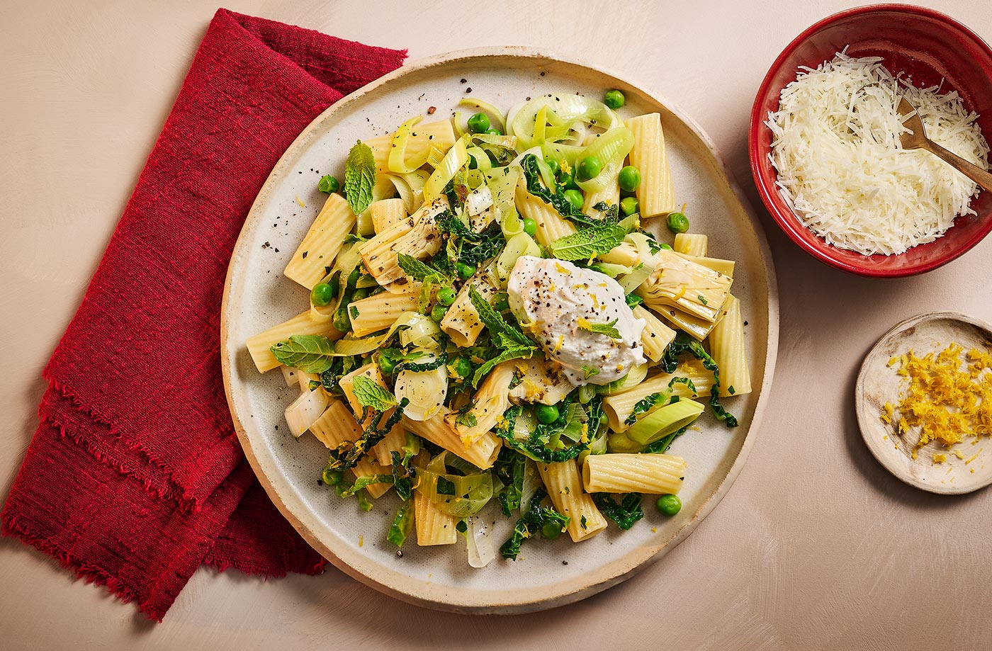 Lemony leek, cabbage and artichoke rigatoni recipe