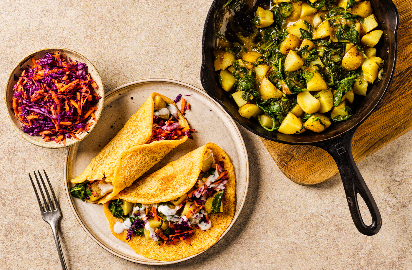 Red lentil dosa pancakes with potato and spinach recipe