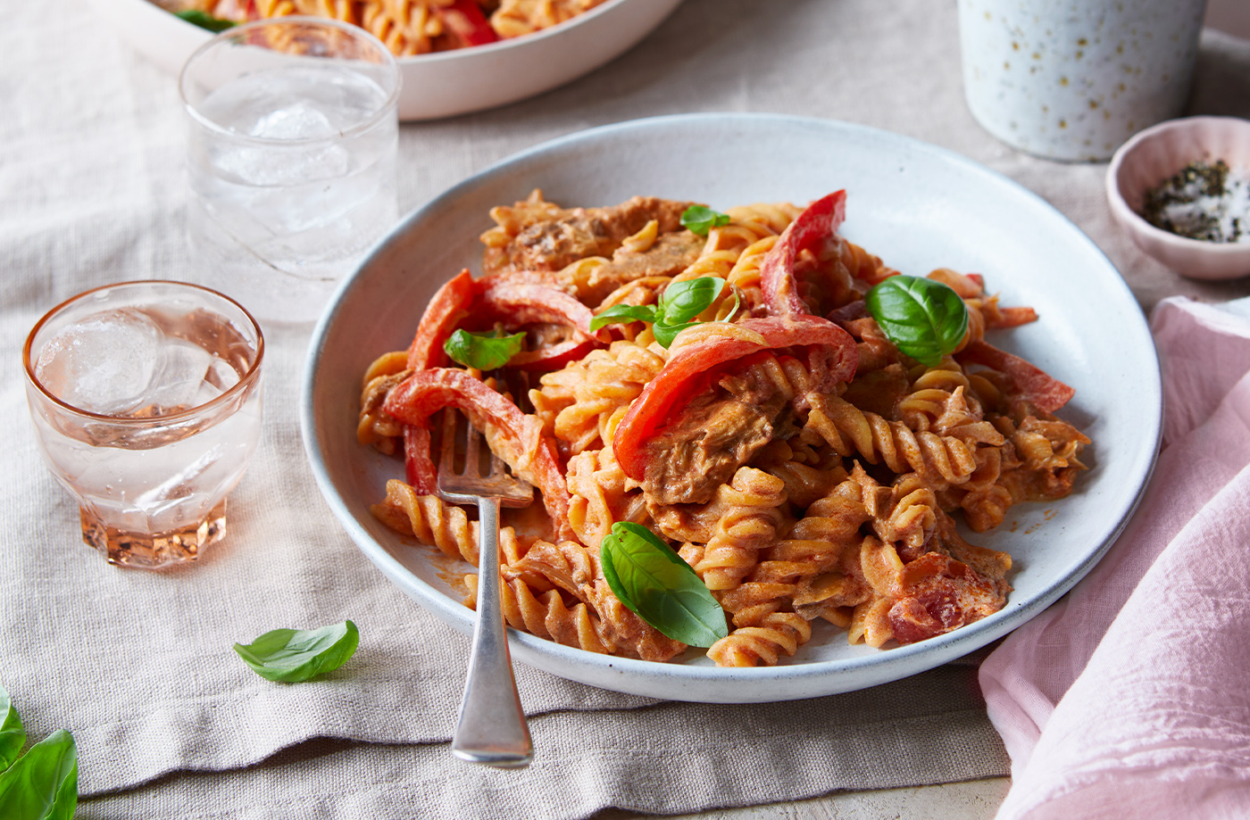 Mackerel and red lentil fusilli with creamy pepper sauce recipe