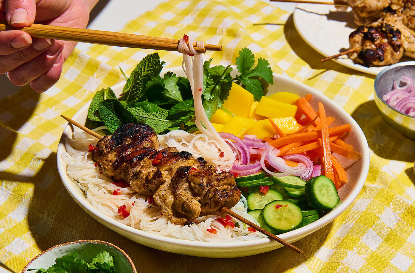 Massaman chicken skewers with rice noodle salad recipe
