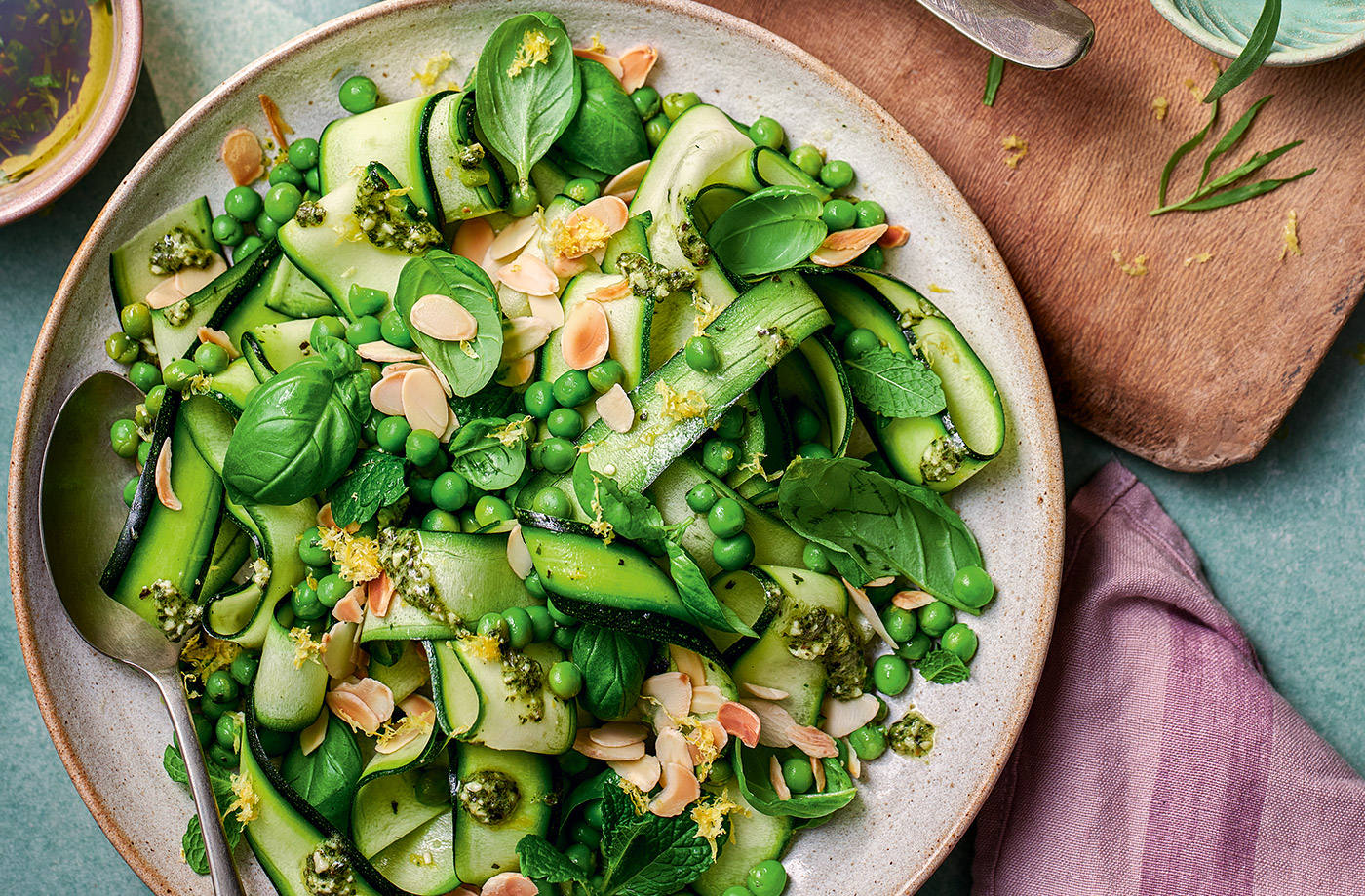 Marinated courgette ribbons with peas and mint recipe