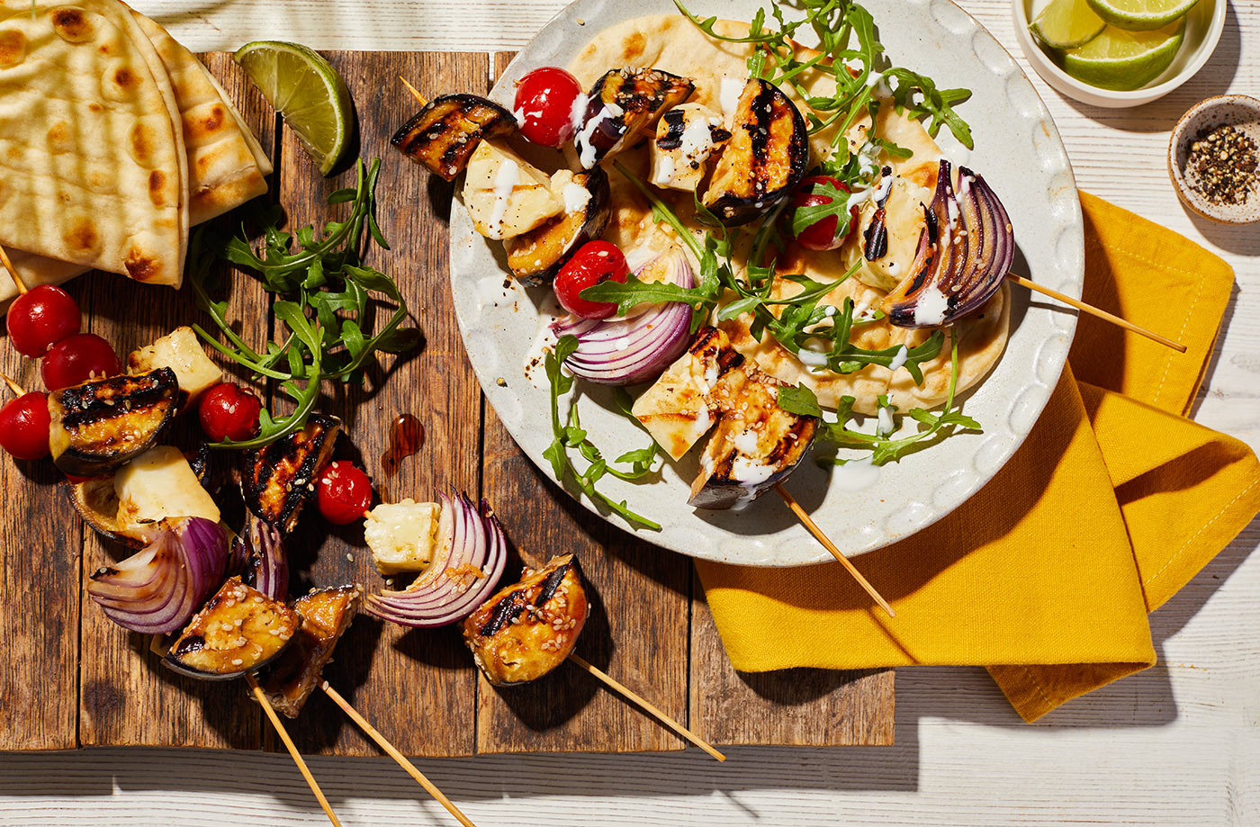 Miso aubergine and halloumi kebabs recipe