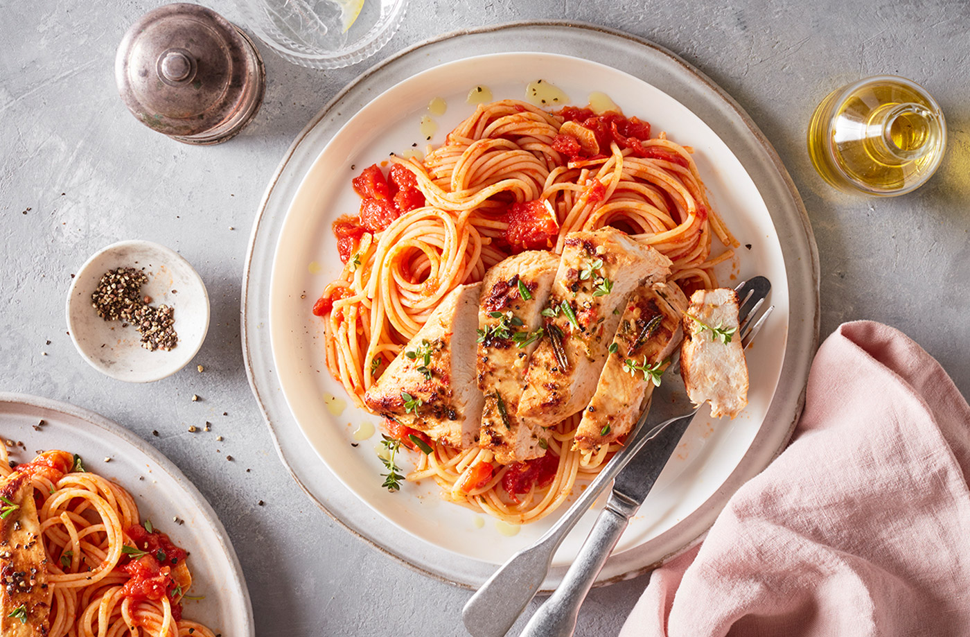 Olive oil and herb marinated chicken with tomato spaghetti recipe