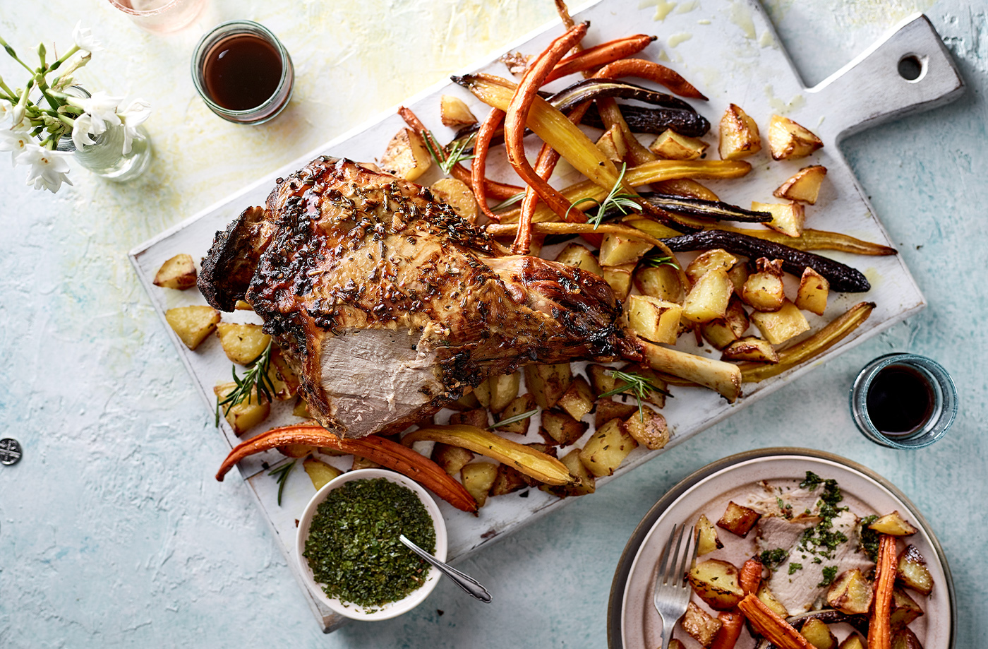 Salted honey and rosemary lamb with roasties and rainbow carrots recipe