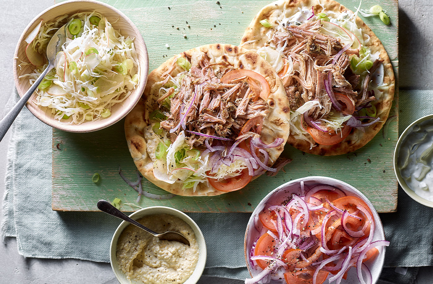 Pulled pork souvlaki flatbreads with slaw recipe