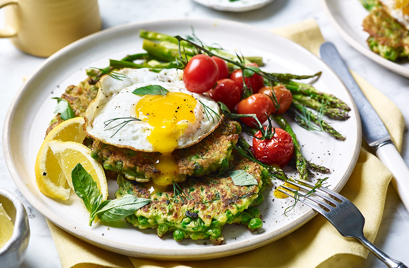 Spring pea and basil fritters with fried eggs recipe