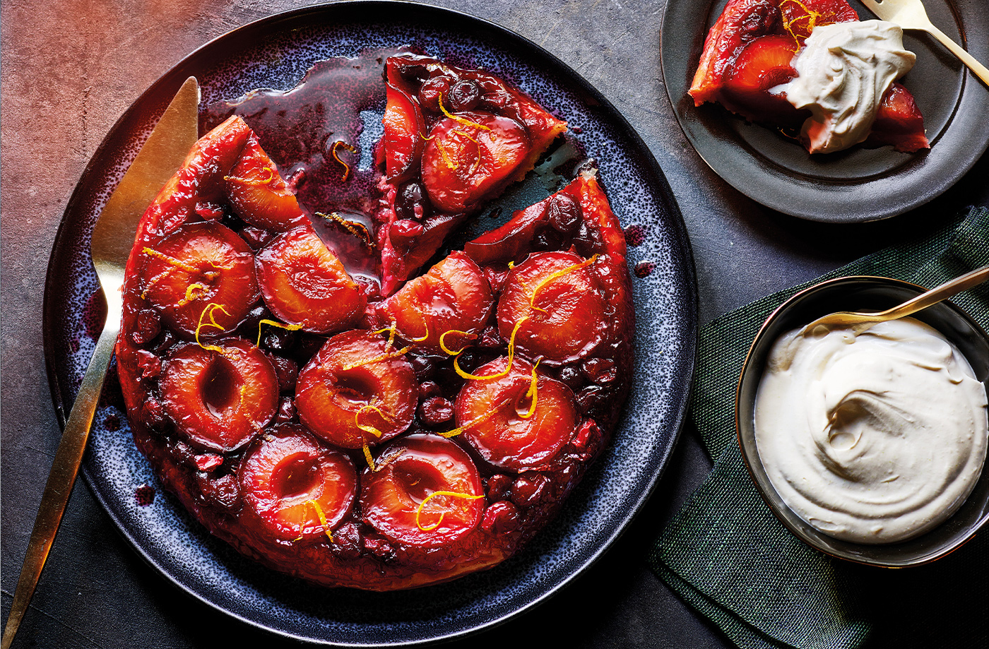 Plum and cranberry tarte Tatin with brown sugar-whipped cream recipe