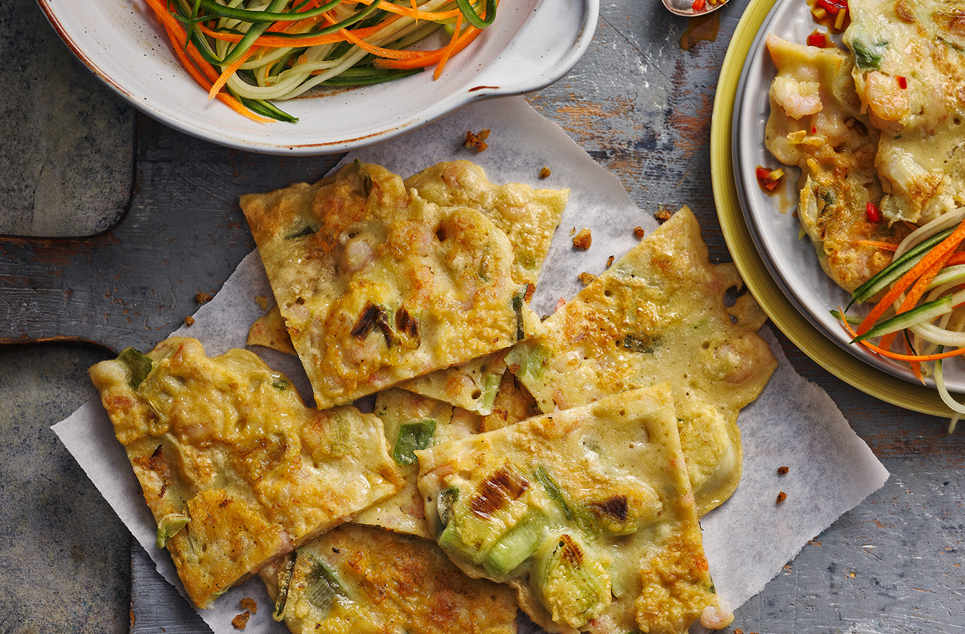 Prawn and leek pancakes recipe